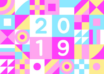 2019 happy new year of pig greeting postcard flat style design vector illustration with geometric color elements and numbers.