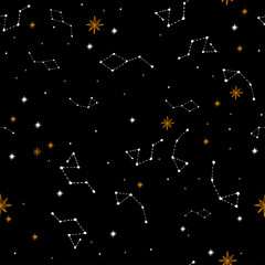 Seamless pattern with a night sky of stars and constellations. Hand-Drawn illustration Background. Beautiful elegant magic abstract picture. For printing on textiles, wallpaper and other decor.