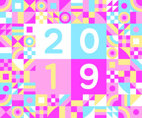 2019 happy new year of pig greeting postcard flat style design vector illustration with geometric color elements and numbers.
