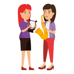 women playing harp and saxophone characters