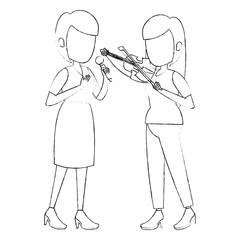 women singing with microphone and playing fiddle