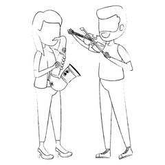 woman playing saxophone and man playing fiddle