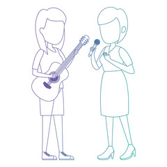 women singing with microphone and playing guitar