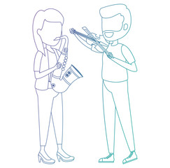 woman playing saxophone and man playing fiddle