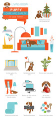 Puppy care and safety in your home. Living room. Pet dog training infographic design