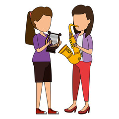 women playing harp and saxophone characters