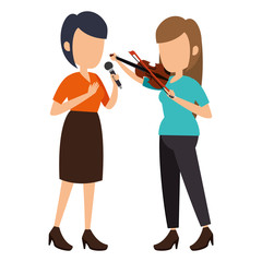 women singing with microphone and playing fiddle