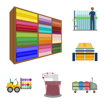 Textile Industry Cartoon Icons In Set Collection For Design.Textile Equipment And Fabrics Vector Symbol Stock Web Illustration.