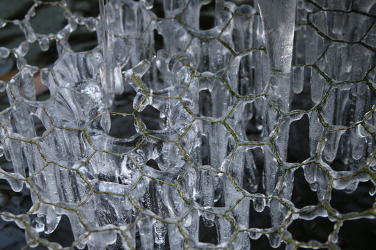 Close up macro of transparent frozen water icicled dripping hard in Winter extreme weather against a grid hexagon shape pattern garden pond cover in frost in icy morning outside in English countryside