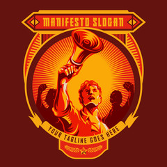 Revolution badge of Men holding megaphone. Propaganda style. Protest fist. Retro revolution poster design.