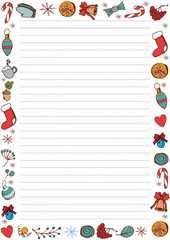 Wish List for Christmas. Christmas page with candy cane, cinnamon and cup of hot chocolate, hand drawn elements. Printable page, vector illustration.