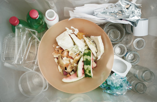 Sorting Segregating Household Waste Paper, Glass, Plastic Into Contaner Captured From Above, Flat Lay. Trash Box Container For Recycle And Reduce Ecology Environment. Concept Save The Earth.