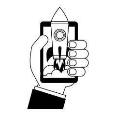 hand and smartphone with startup rocket
