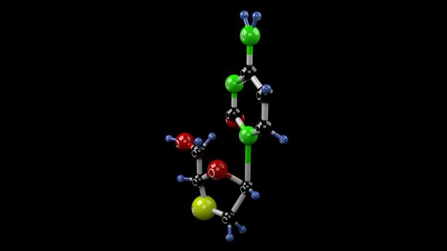 Lamivudine molecule. Molecular structure of reverse transcriptase inhibitor lamivudine. Zalcitabine analog, HIV treatment. Alpha channel.