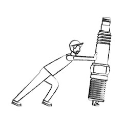 mechanic worker with spark plug engine