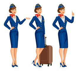 Stewardess in blue uniform. Flying attendants, air hostess. Profession stewardess, cartoon character. Vector illustration. - 218319424