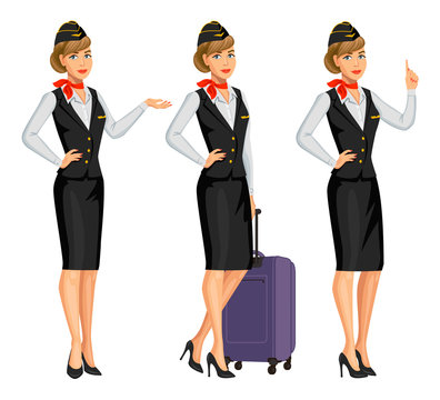 Stewardess in black uniform. Flying attendants, air hostess. Profession stewardess, cartoon character. Vector illustration.