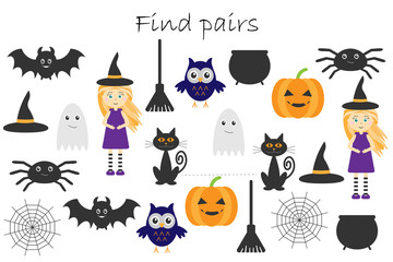 Find pairs of identical pictures, fun education game with halloween theme for children, preschool worksheet activity for kids, task for the development of logical thinking, vector illustration
