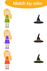 Halloween matching game for children, connect witches in colorful dresses with same color hats, preschool worksheet activity for kids, task for the development of logical thinking, vector illustration