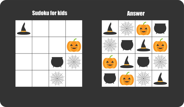 Sudoku game with halloween pictures (cobweb, pumpkin) for children, easy level, education game for kids, preschool worksheet activity, task for the development of logical thinking, vector illustration