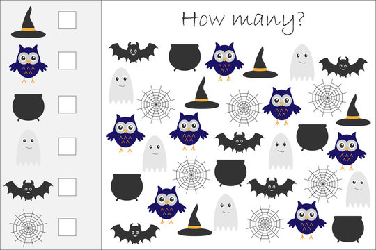 How many counting game with halloween pictures for kids, educational maths task for the development of logical thinking, preschool worksheet activity, count and write the result, vector illustration