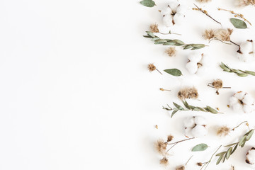 Autumn composition. Frame made of eucalyptus branches, dried flowers on white background. Autumn, fall concept. Flat lay, top view, copy space