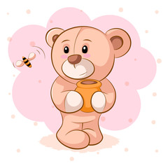 Plakat Teddy bear with a keg of honey. Vector eps 10
