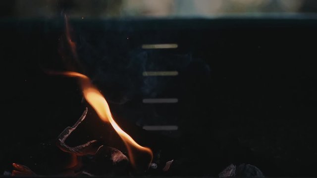 
Slow Motion Barbecue Camp Charcoal Grill Fire And Particles With Shallow Depth Of Field Closeup Cinematic