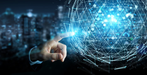 Businessman using digital triangle exploding sphere hologram 3D rendering