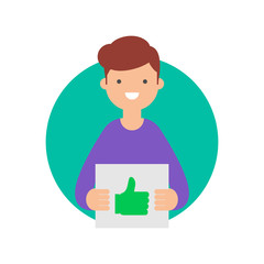 Man holding cardboard plate with thumb up sign vector illustration