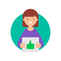 Girl holding cardboard plate with thumb up sign vector illustration