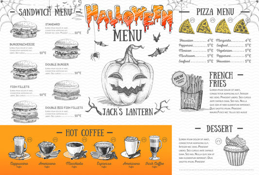 Vintage halloween menu design. Restaurant menu