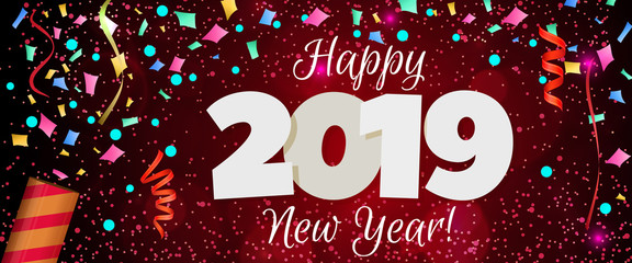 Happy New Year 2019 greeting horizontal banner. Festive illustration with colorful confetti, party popper and sparkles. Vector