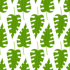 Seamless pattern with tropical leaves doodle style. Vector