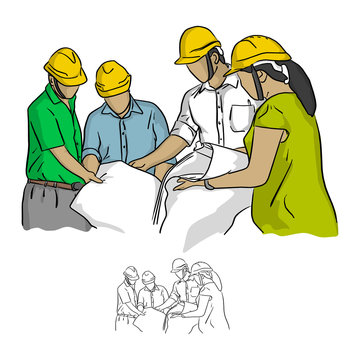 Four construction engineer working in construction site vector illustration sketch doodle hand drawn with black lines isolated on white background