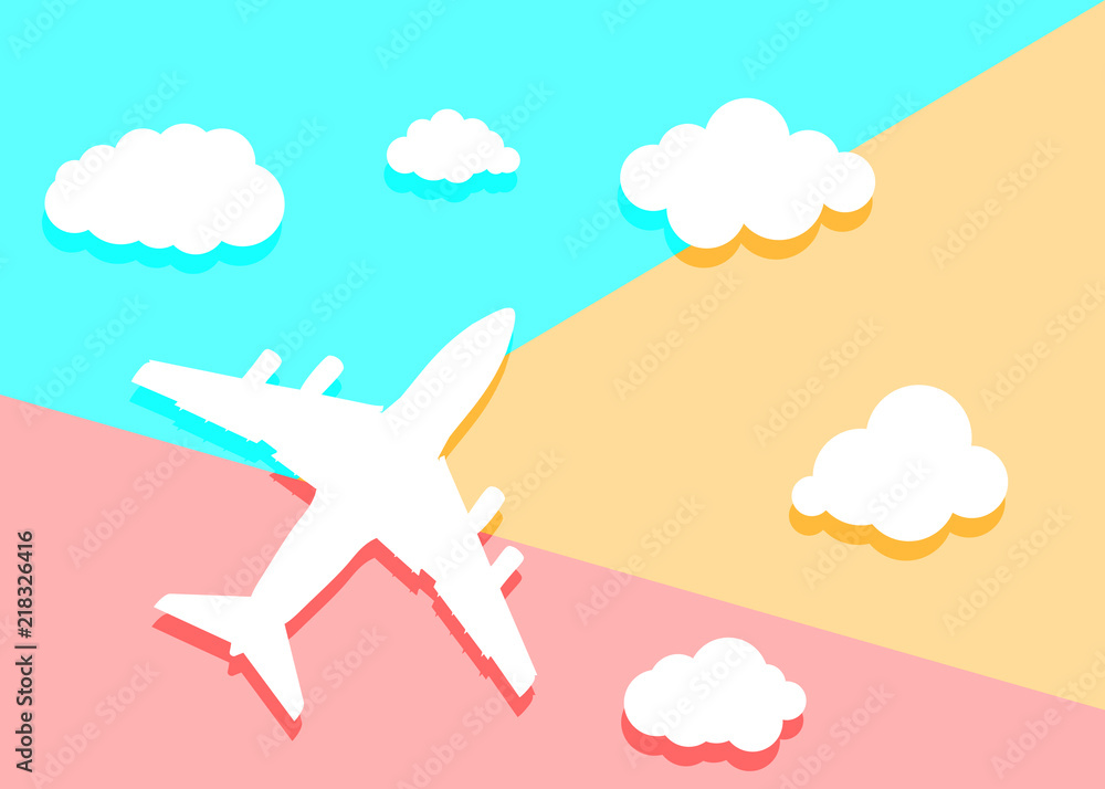 Poster flat lay art design graphic image of paper airplane with clouds