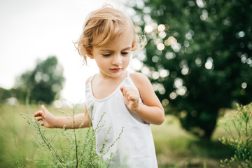 Fototapeta premium adorable child with curly hair looking at plants in field