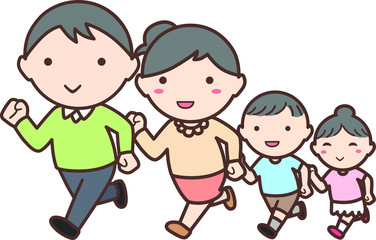 父親と母親と男の子と女の子の家族が走る