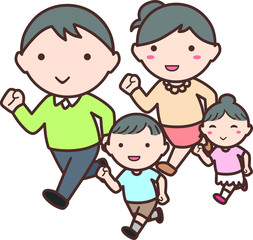 父親と母親と男の子と女の子の家族が走る