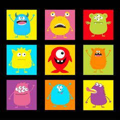 Cute monster icon set. Happy Halloween. Cartoon scary funny character. Eyes, tongue, horns, hands up. Funny baby collection. Colorful black background Isolated. Flat design.