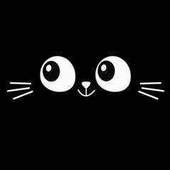 Cat face silhouette. Eyes moustaches in the dark. Pet adoption. Kawaii animal. Cute cartoon kitty character. Funny baby kitten. Help homeless animal Flat design. Black background