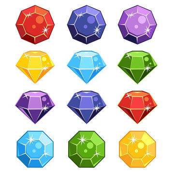 Set Of Cartoon Gem Stones In Different Colors And Shapes For A Game