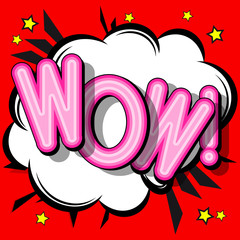 Comic design speech bubbles, WOW - retro lettering. Flash explosion with clouds, lightning, stars; shadows, halftone pattern. Bright vector illustration in vintage pop art style.