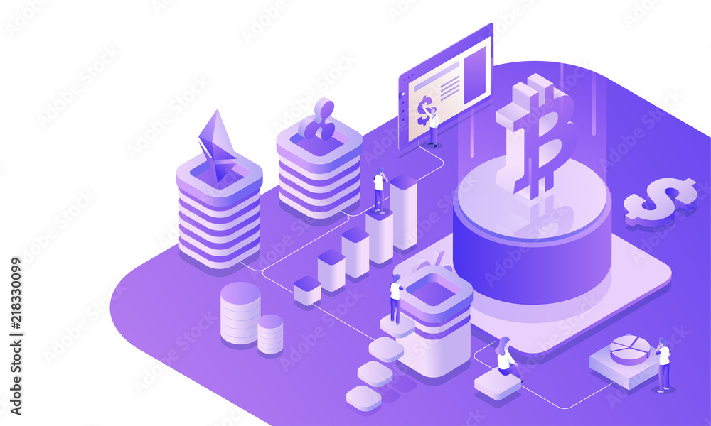 Poster isometric view of virtual currency exchange platform with illustration of working people execute the