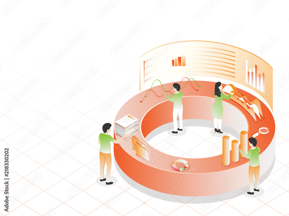 Poster business people or analytics analysis data with infographic elements, isometric design for data anal