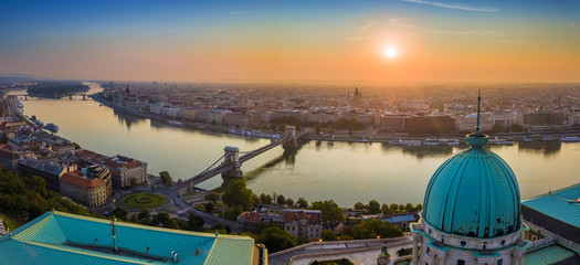 Budapest, Hungary - Aerial panoramic skylie of Budapest with Buda Castle Royal Palace, Szechenyi...