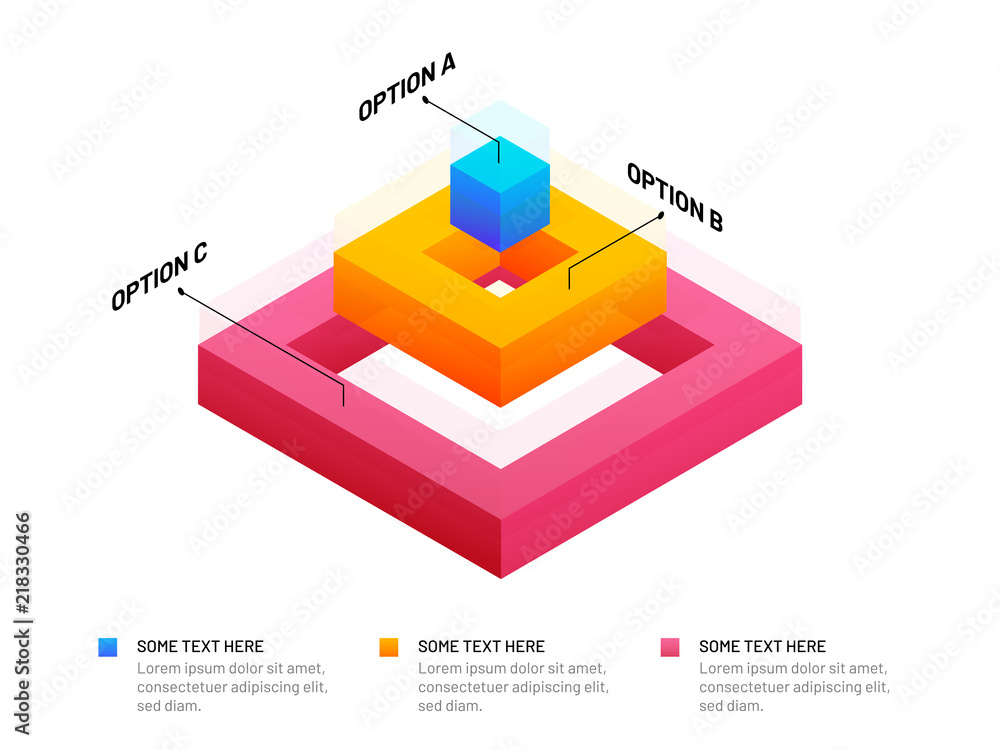 Poster colorful square shape infographic elements on white background with 3 levels.