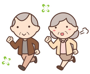  夫婦のような男性と女性の老人が走る