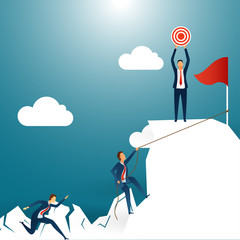 Creative design for success or goal achievement concept, business people running towards their goal, one of them achieve the target on shiny, cloudy mountain background.