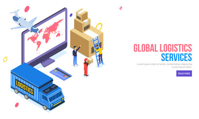 3D illustration of desktop with delivery truck ans aeroplan, man manage the cargo boxes with credit or debit for online payment concept. Global Logistics Services web template design.